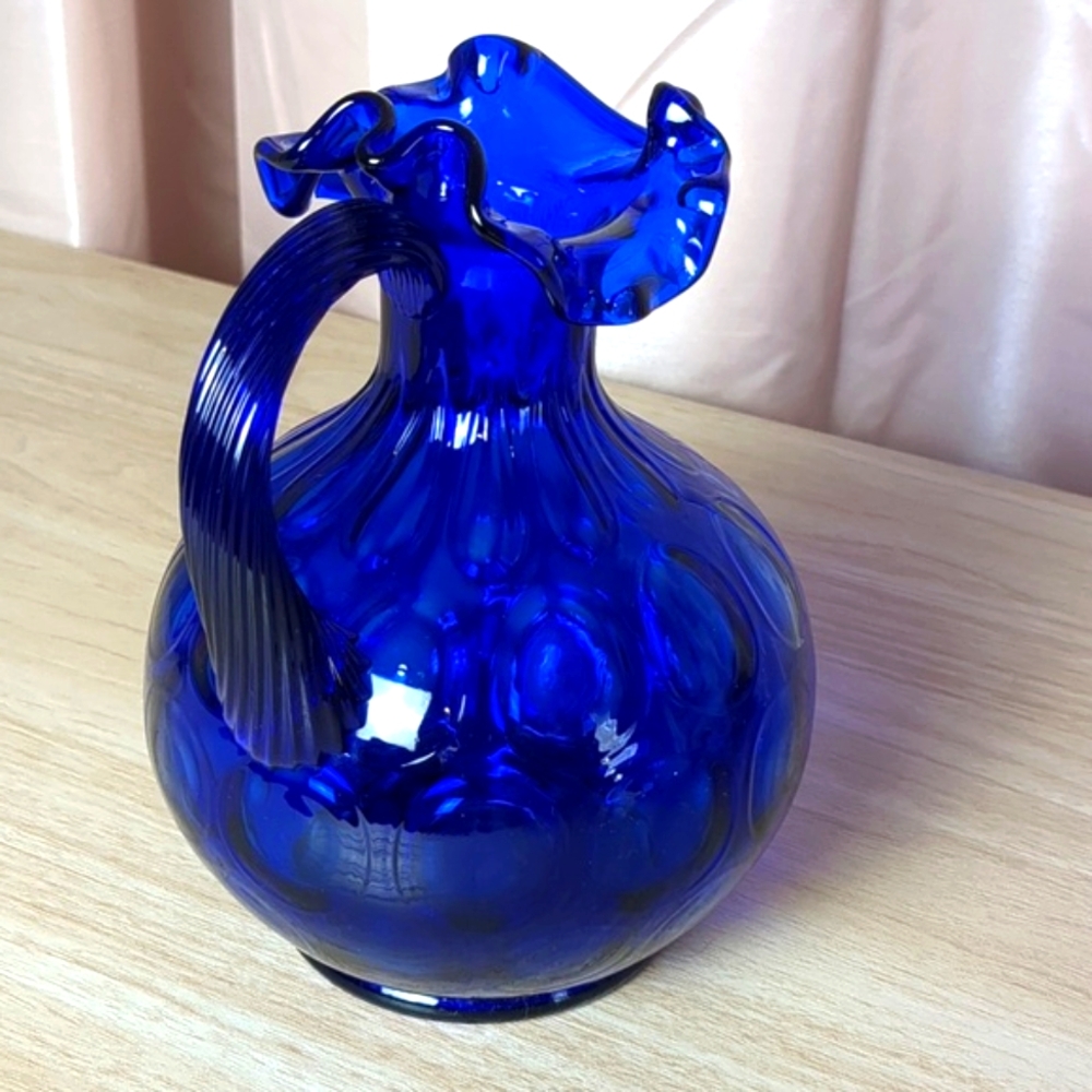 Fenton Cobalt Blue Dot Pitcher with Raised Swirl Handle - Picture 4 of 13